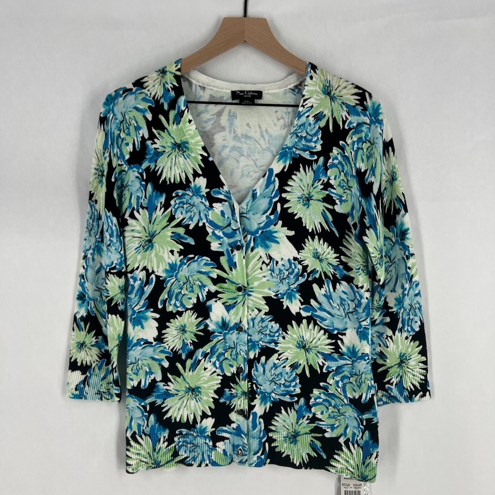 Nue Options Cardigan Sweater Womens PXL Blue Green Floral V‎ Neck Classic